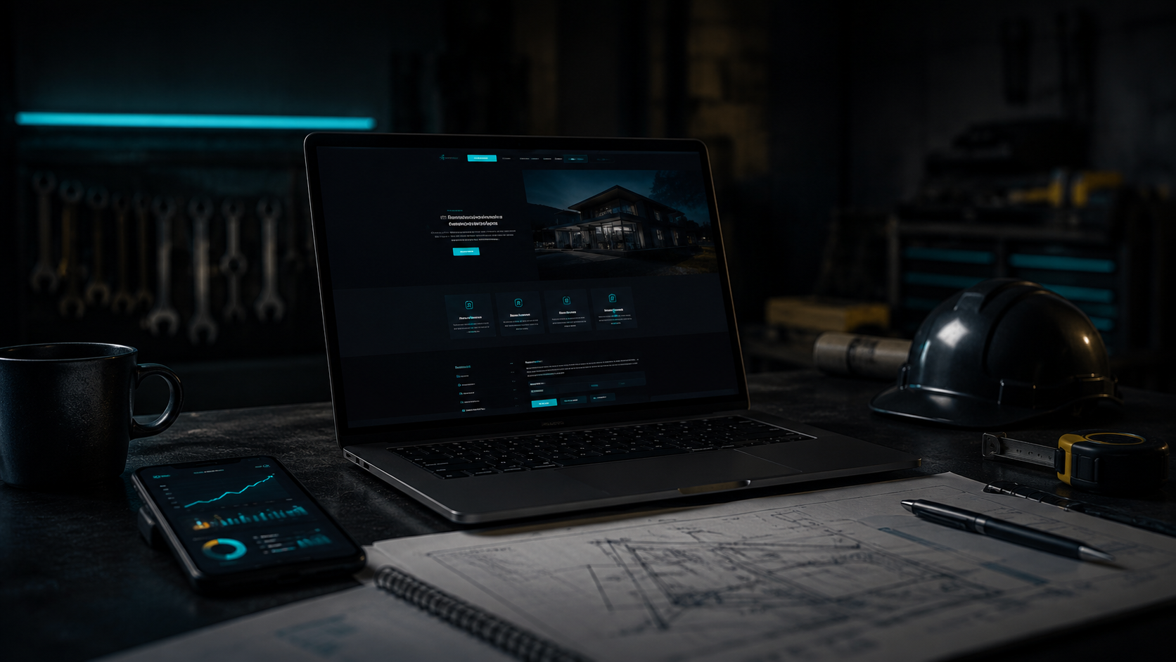 Contractor website displayed on a laptop in a dark trade workspace.